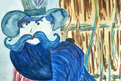 Watercolor ariginal work of magic hand drawn character design of Bluebeard and keys